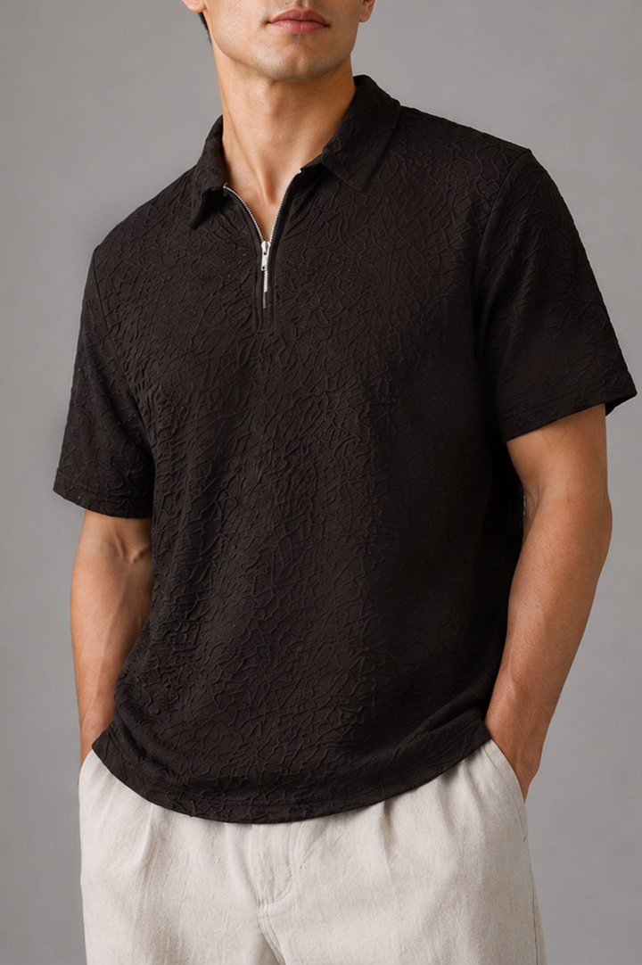 Noir Crinkle Zip Polo
