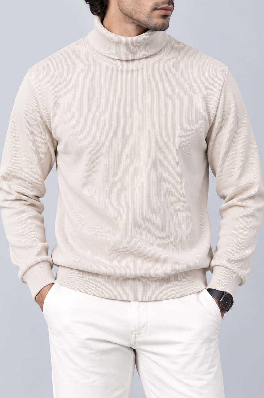 Cream Ribbed Turtle-Neck