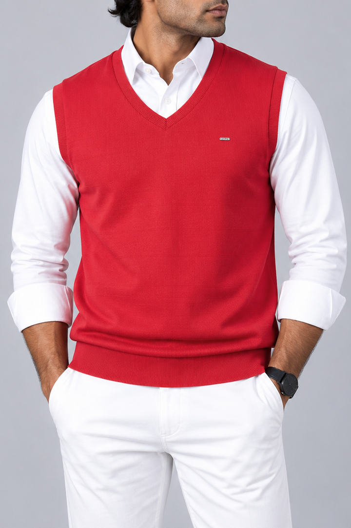 Red Ribbed V-Neck Sweater