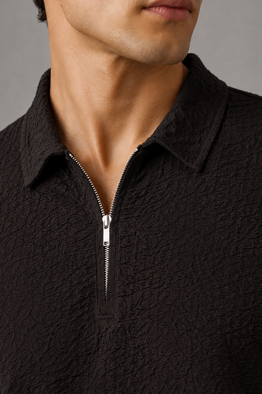 Noir Crinkle Zip Polo