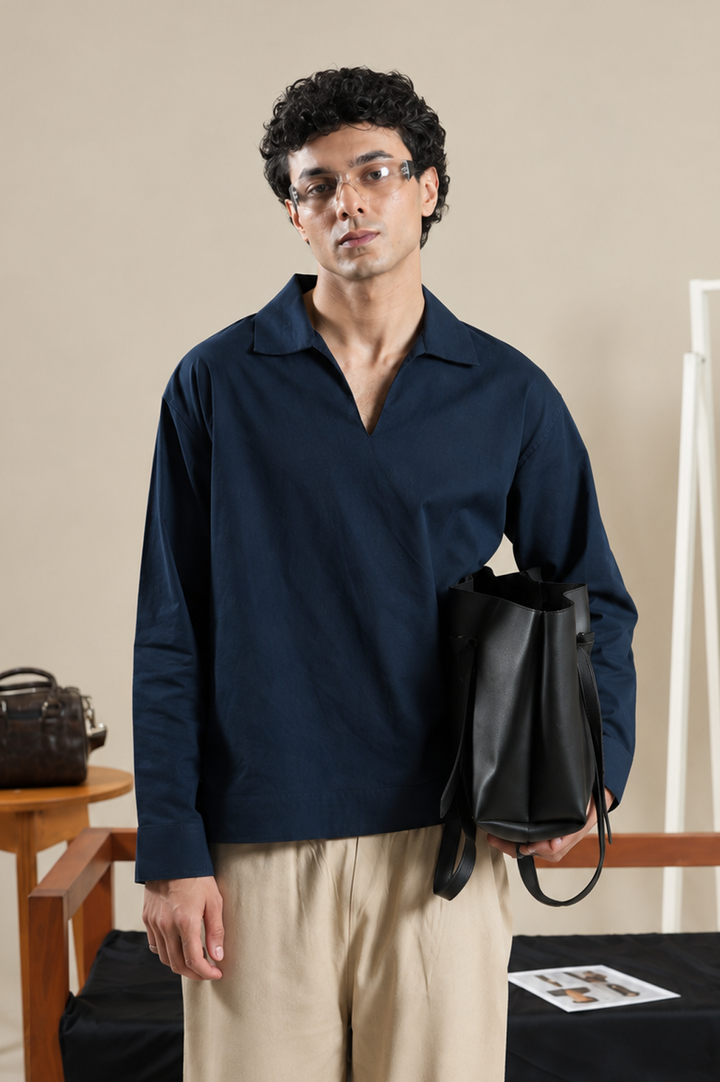 Navy Notch-Collar Shirt