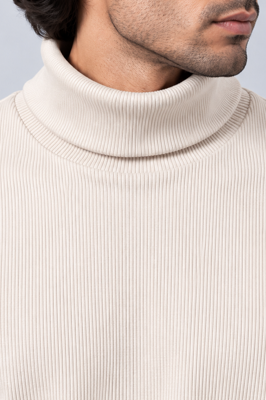 Cream Ribbed Turtle-Neck