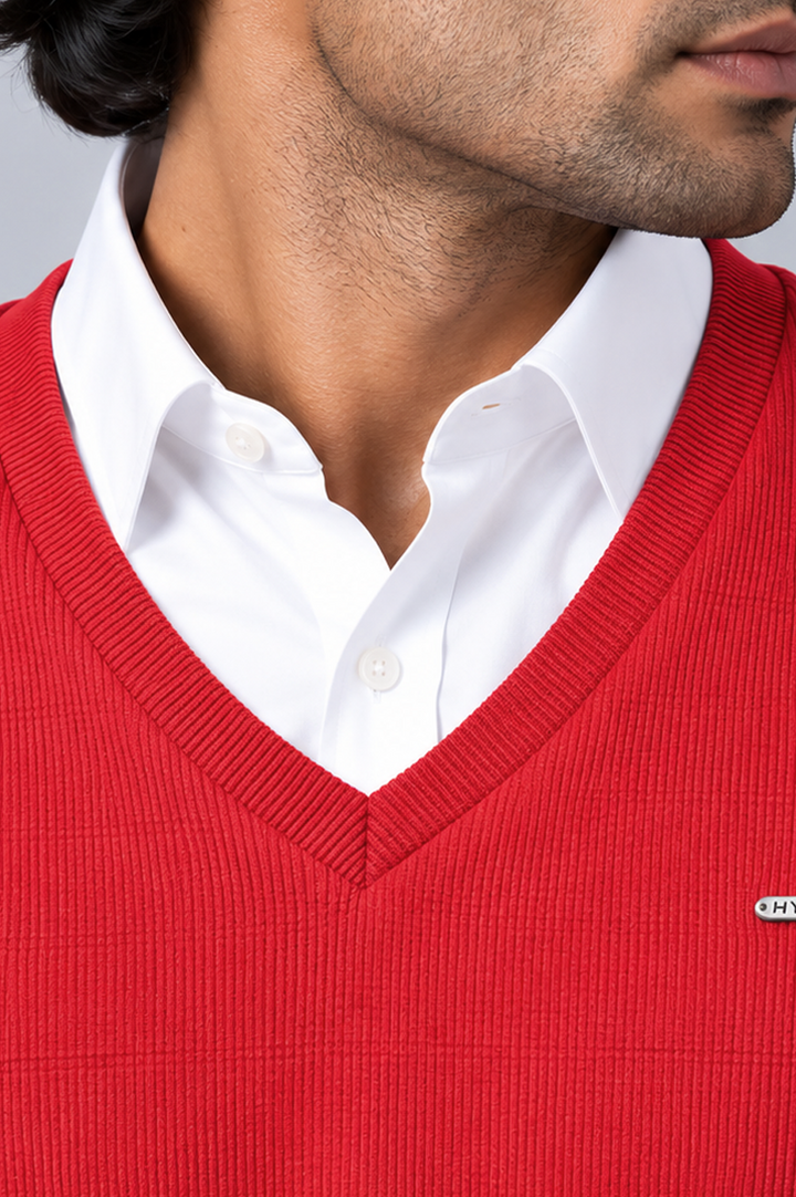Red Ribbed V-Neck Sweater