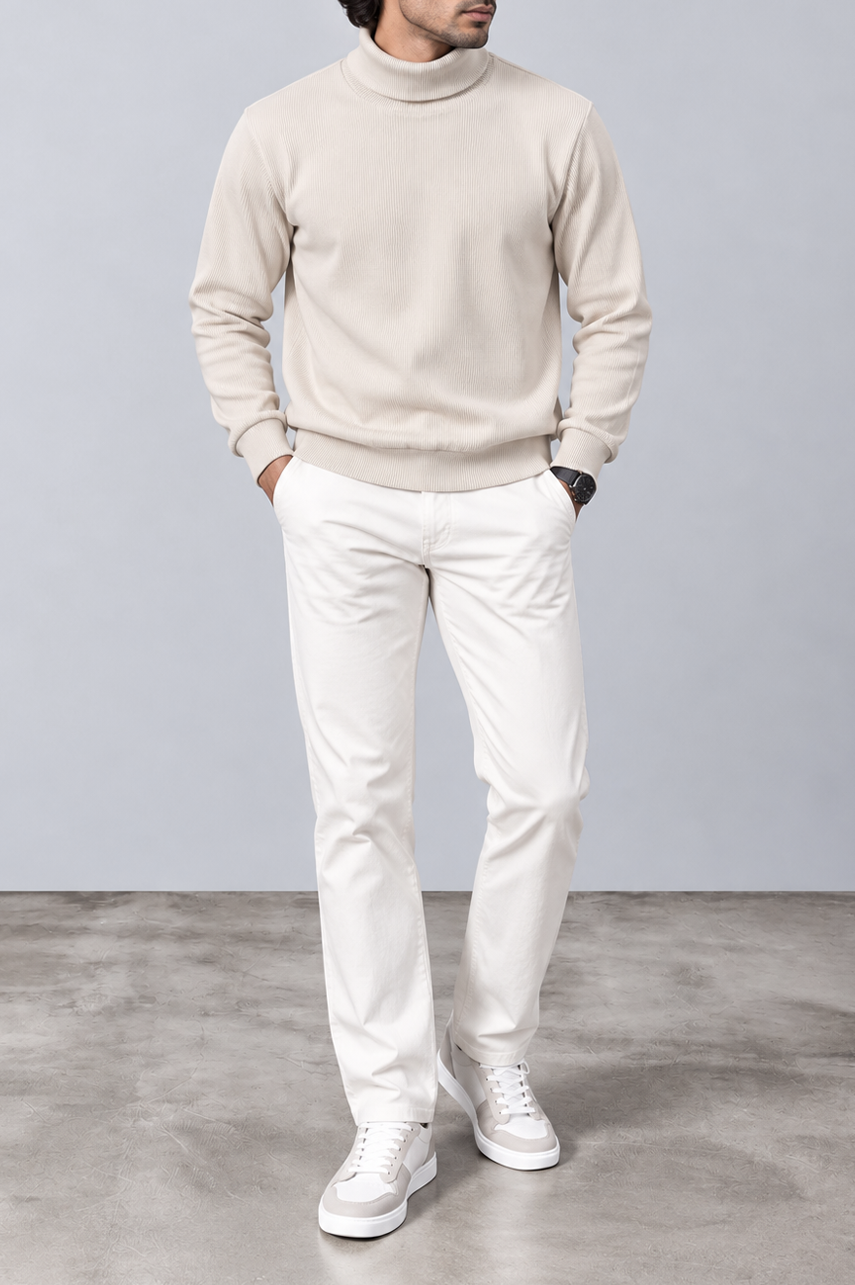 Cream Ribbed Turtle-Neck
