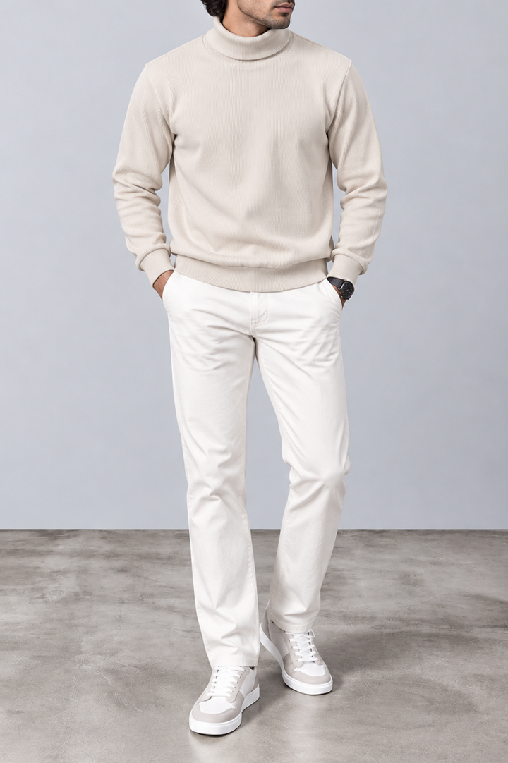 Cream Ribbed Turtle-Neck