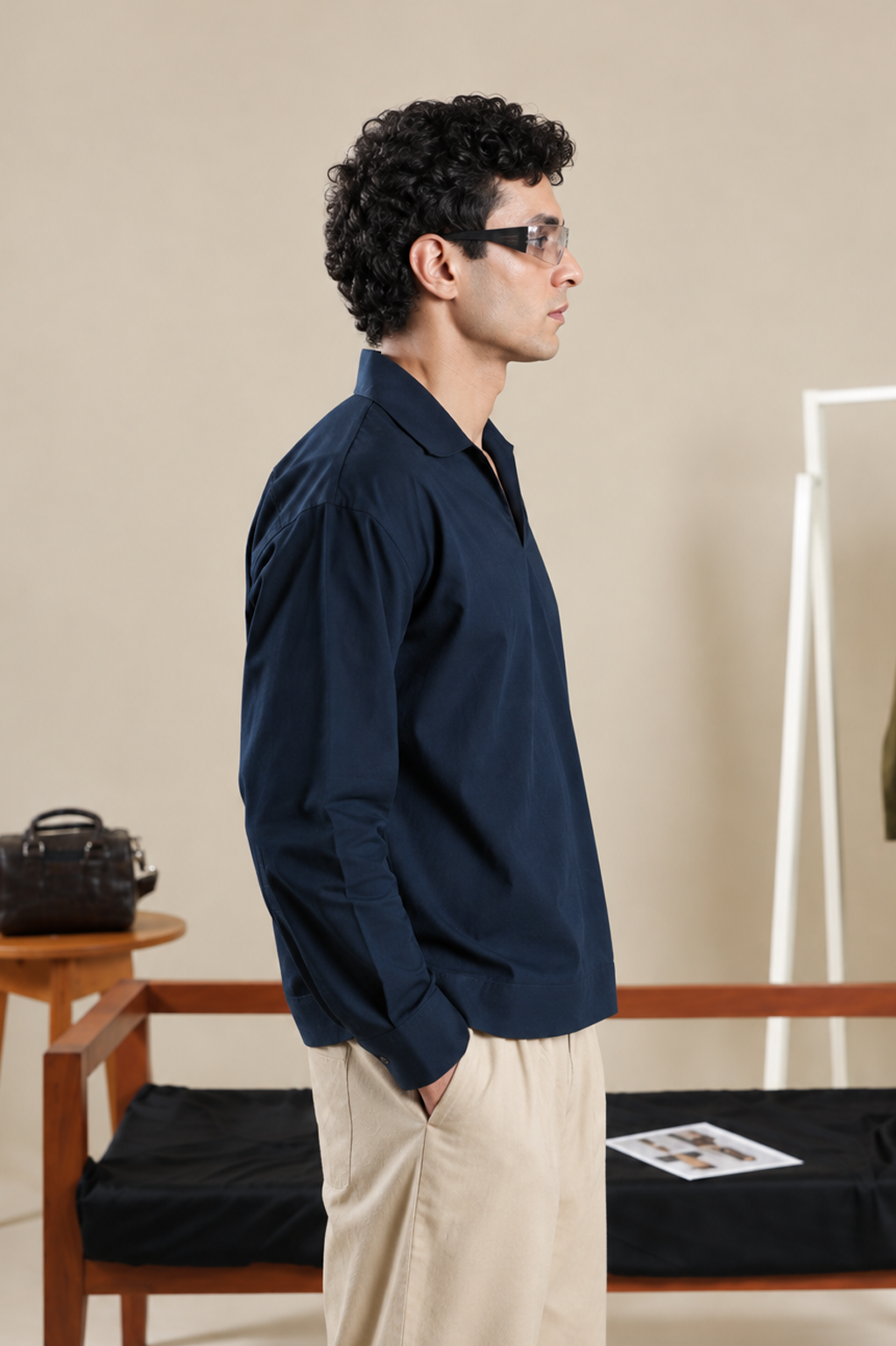 Navy Notch-Collar Shirt