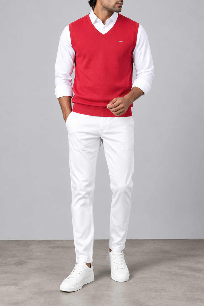 Red Ribbed V-Neck Sweater