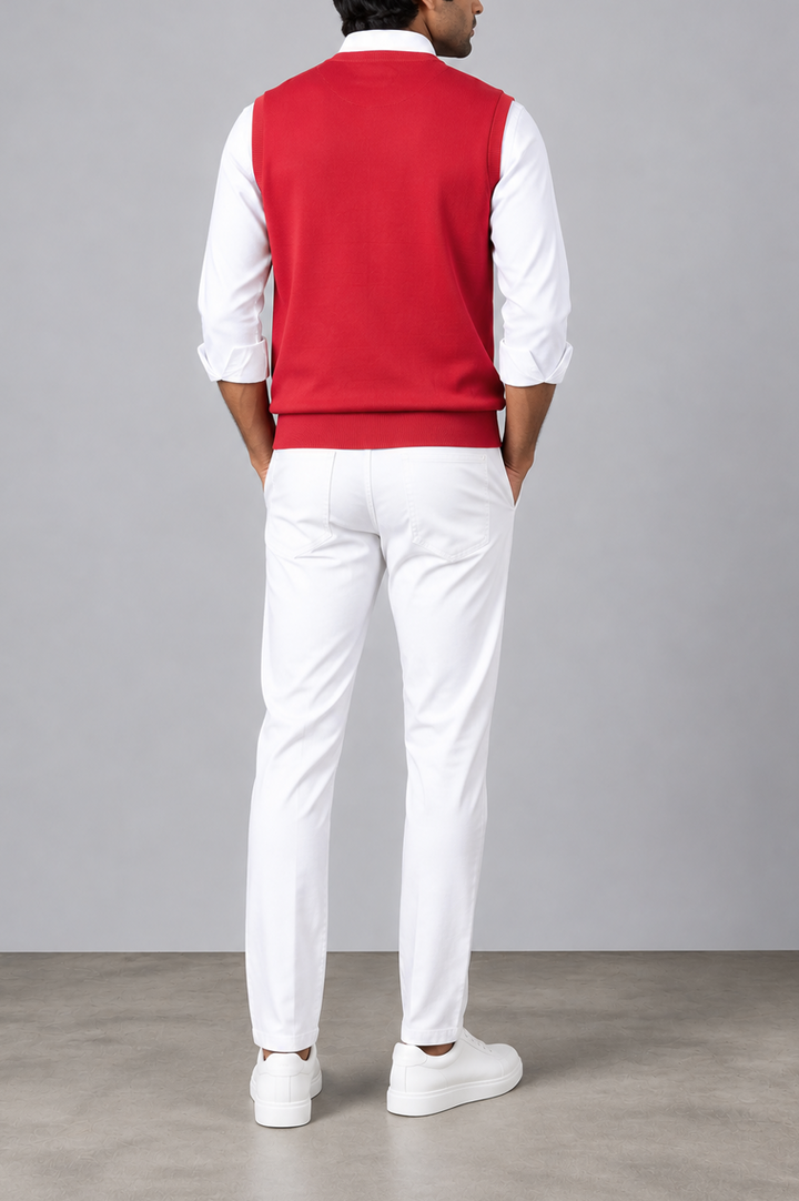Red Ribbed V-Neck Sweater