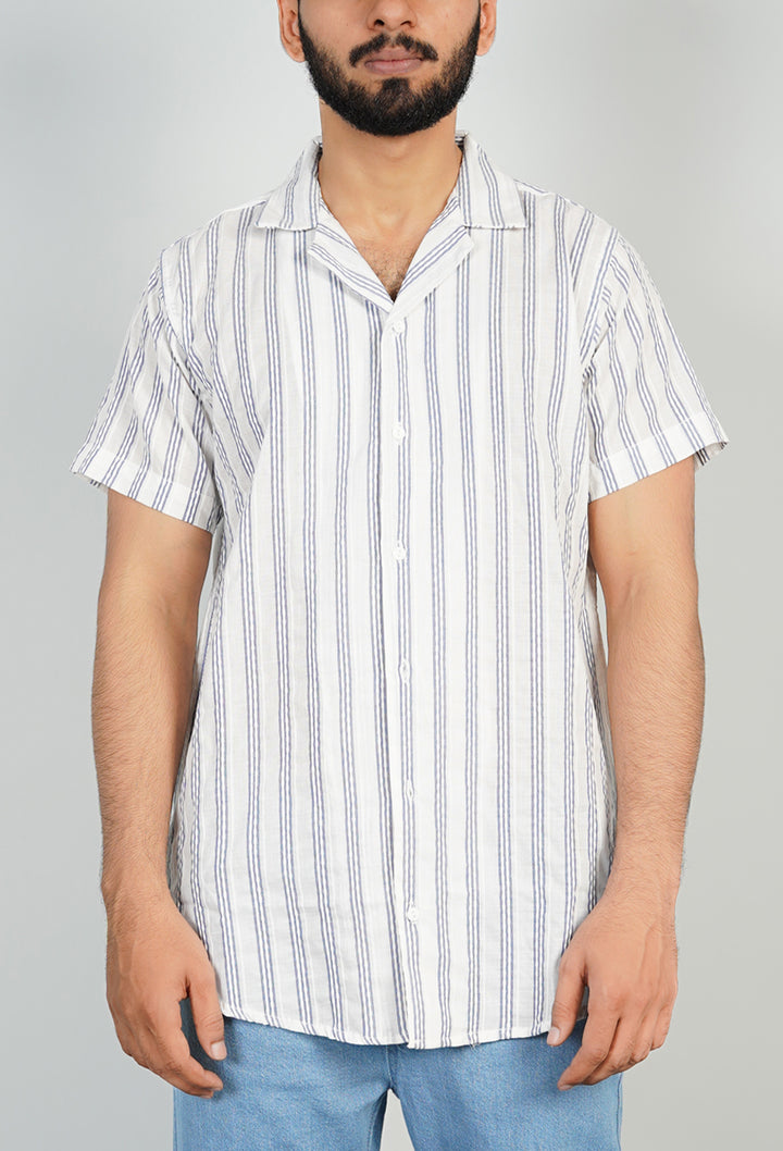 Short Sleeve White & Navy Striped Shirt