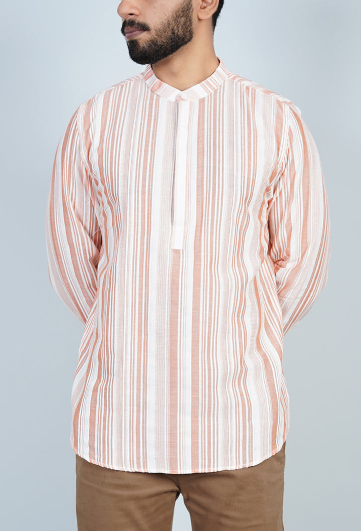 Rust & White Striped Kurta Shirt