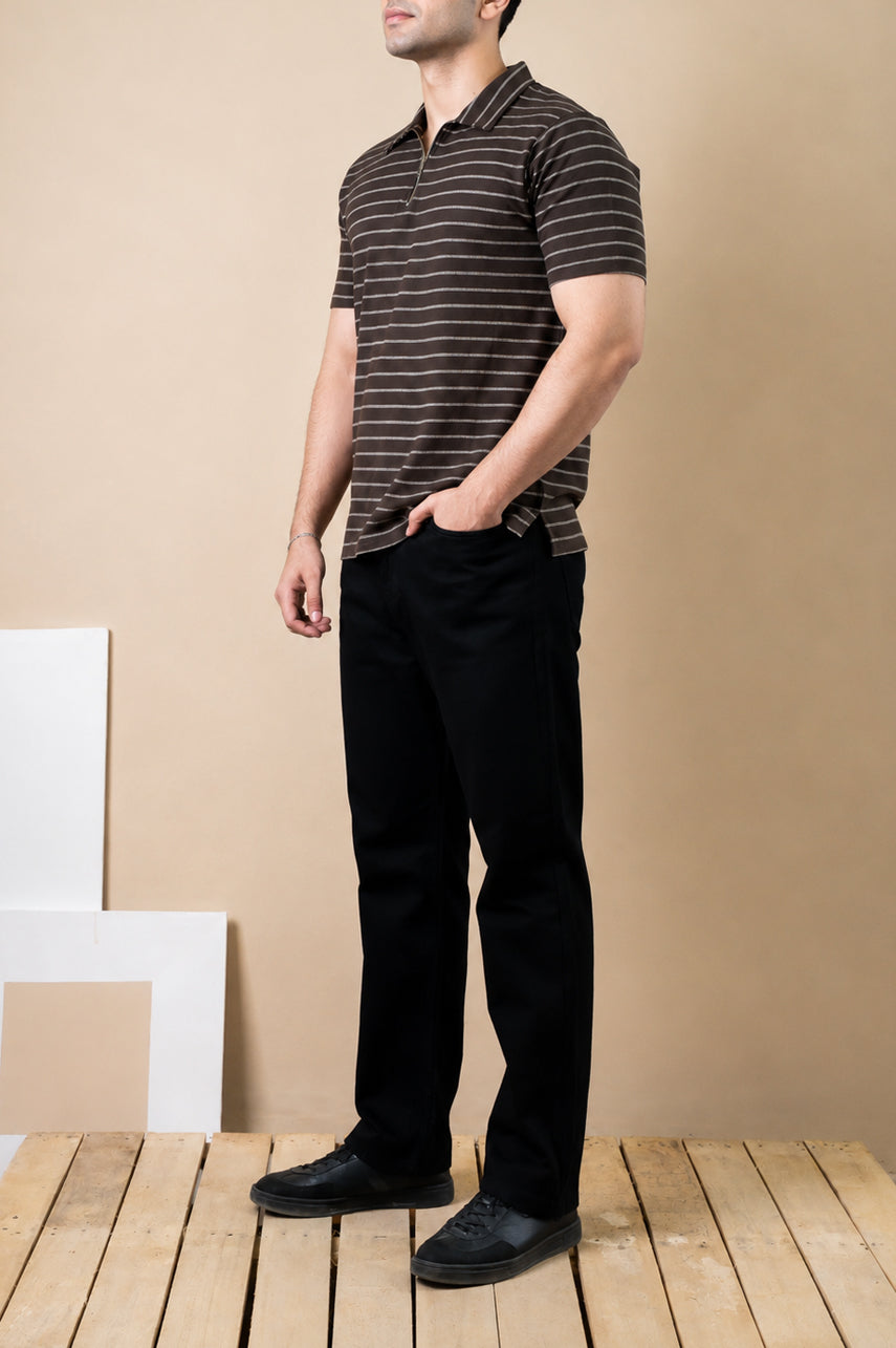 Mocha Stripe Zip Polo – Popcorn Knit