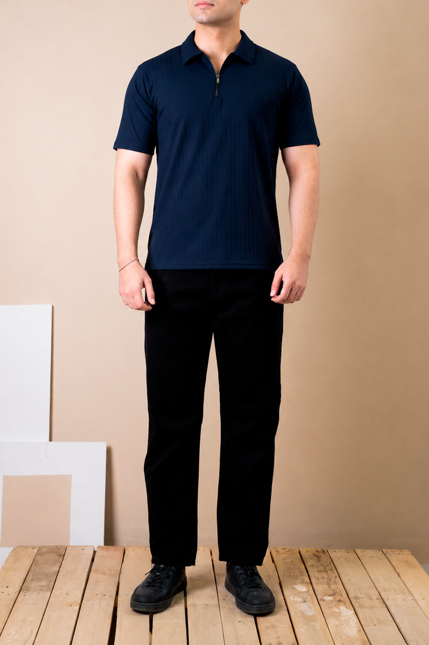 Midnight Navy Textured Zip Polo