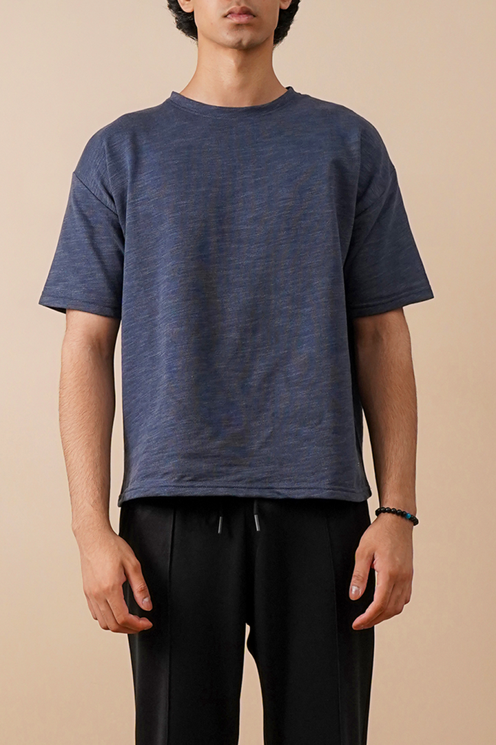 Melange Navy Textured Oversized T-Shirt