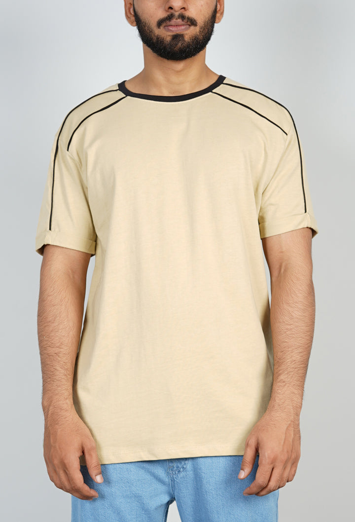 Beige Piped Relax Fit T-Shirt