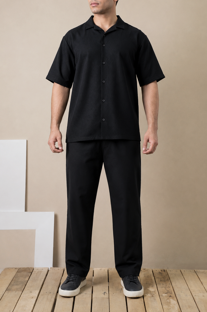Black Textured Cuban Shirt