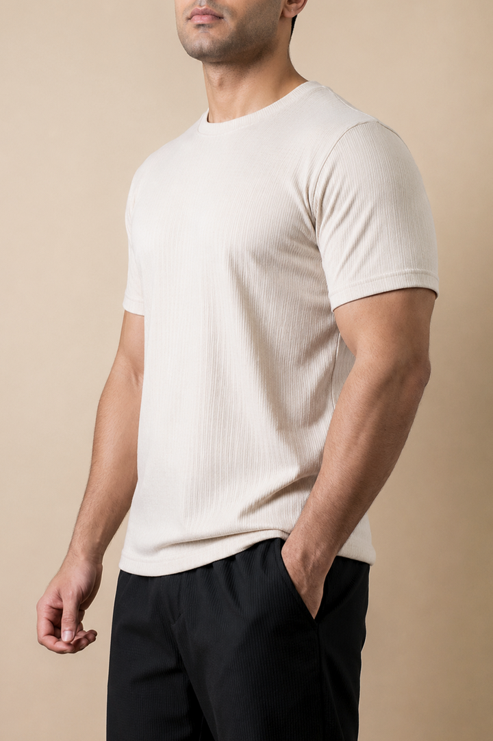 Cream Ribbed Slim Fit Tee
