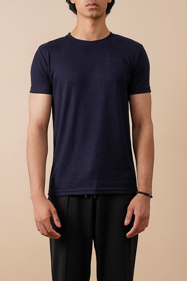 Premium Navy Drop Needle Slim Fit T-Shirt
