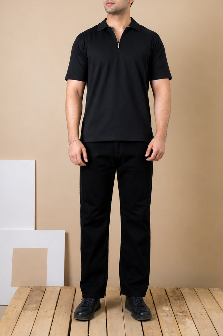 Jet Black Zip Polo – Popcorn Knit