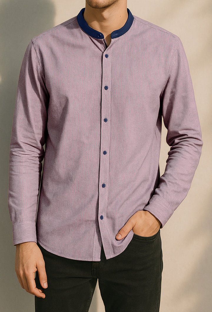 Contrast Band Collar Striped Shirt