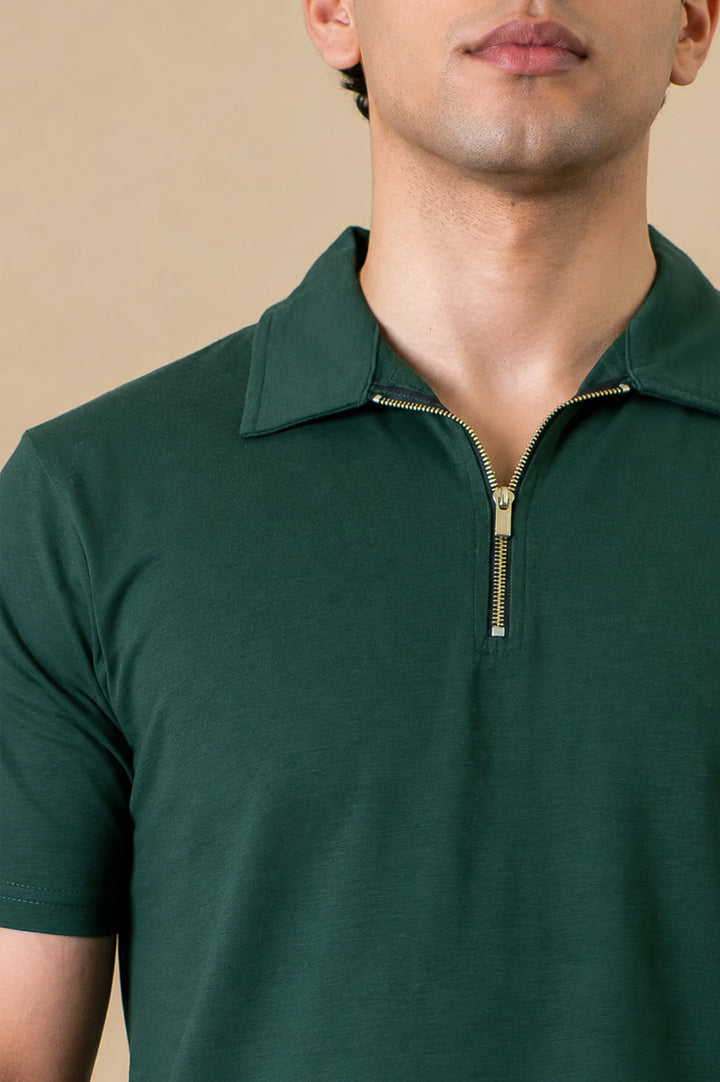 Forest Green Zip Polo – Popcorn Knit