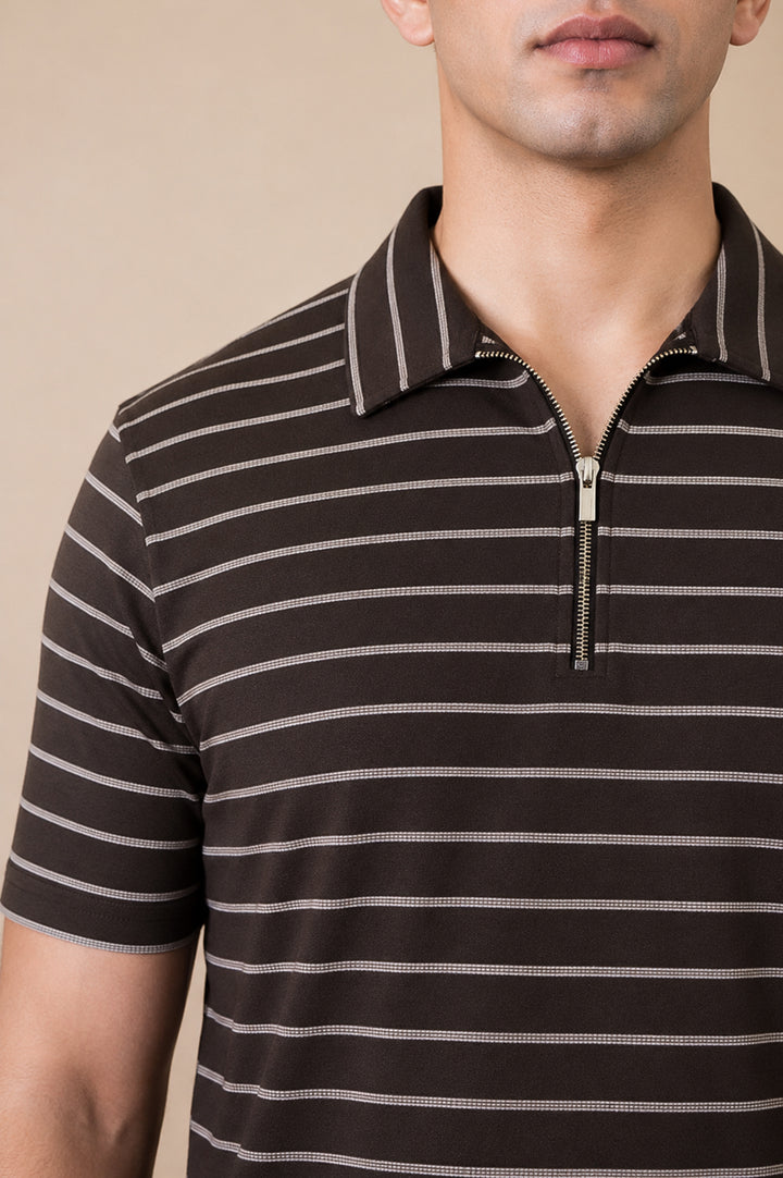 Mocha Stripe Zip Polo – Popcorn Knit