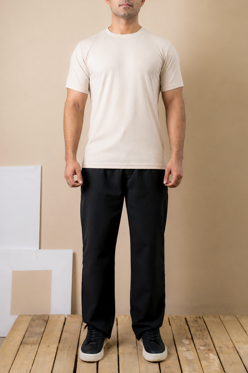 Cream Ribbed Slim Fit Tee
