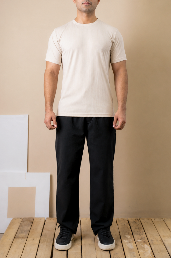Cream Ribbed Slim Fit Tee