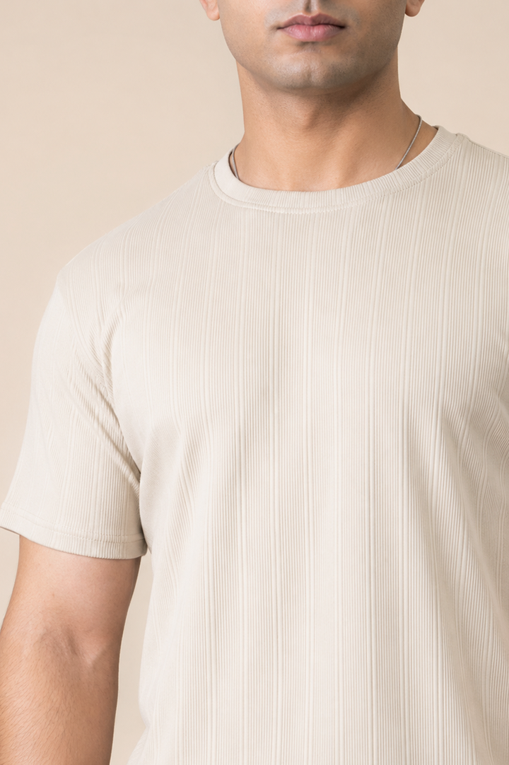 Sand Beige Ribbed Slim Fit Tee