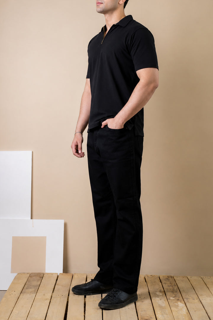 Jet Black Zip Polo – Popcorn Knit