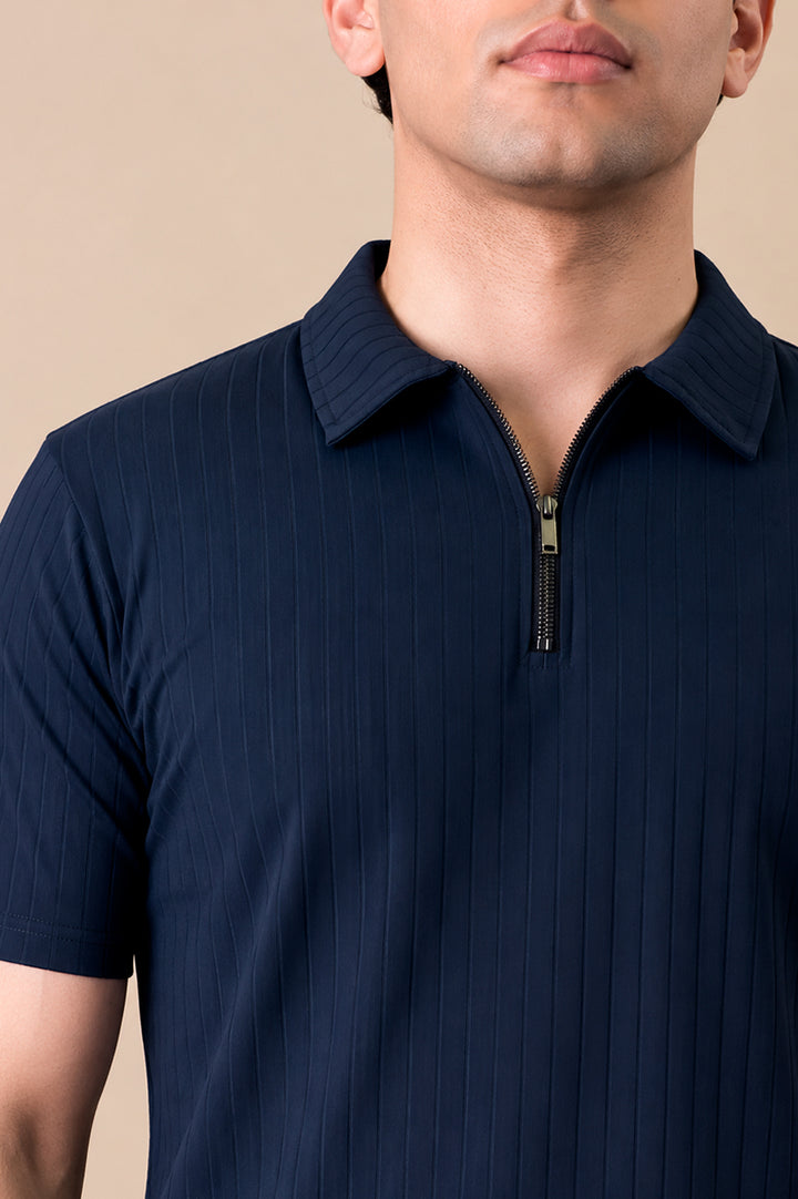 Midnight Navy Textured Zip Polo