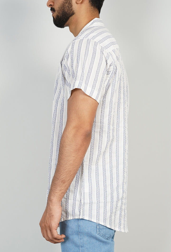 Short Sleeve White & Navy Striped Shirt