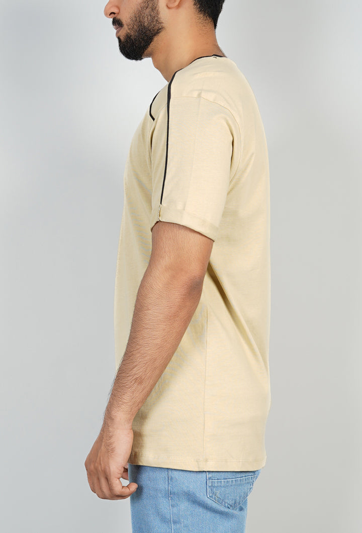 Beige Piped Relax Fit T-Shirt