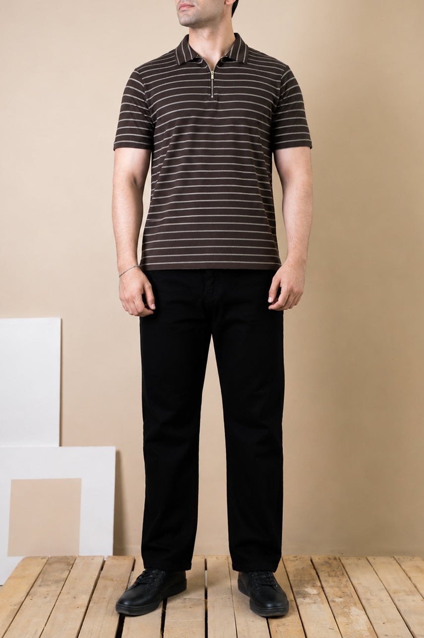 Mocha Stripe Zip Polo – Popcorn Knit