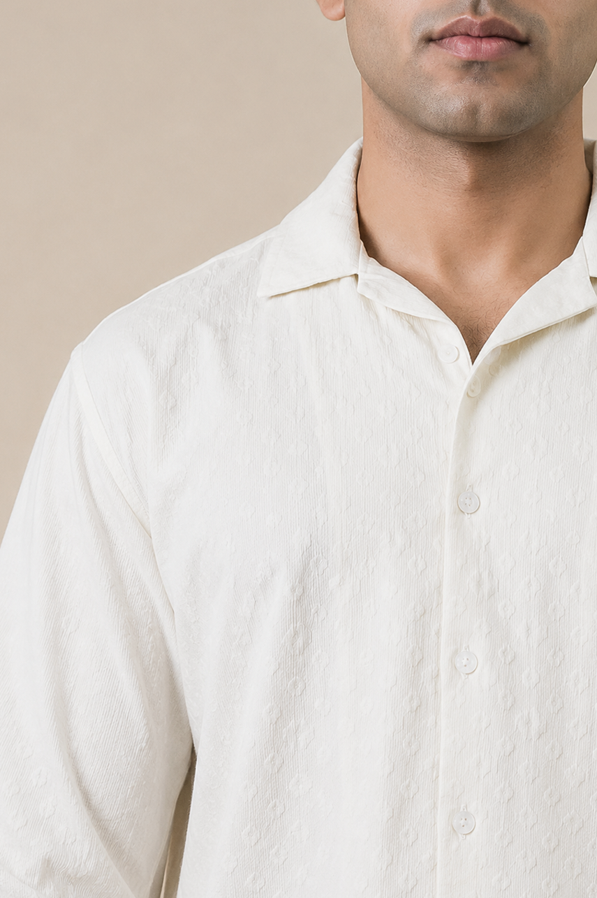 Off-White Floral Textured Cuban Shirt