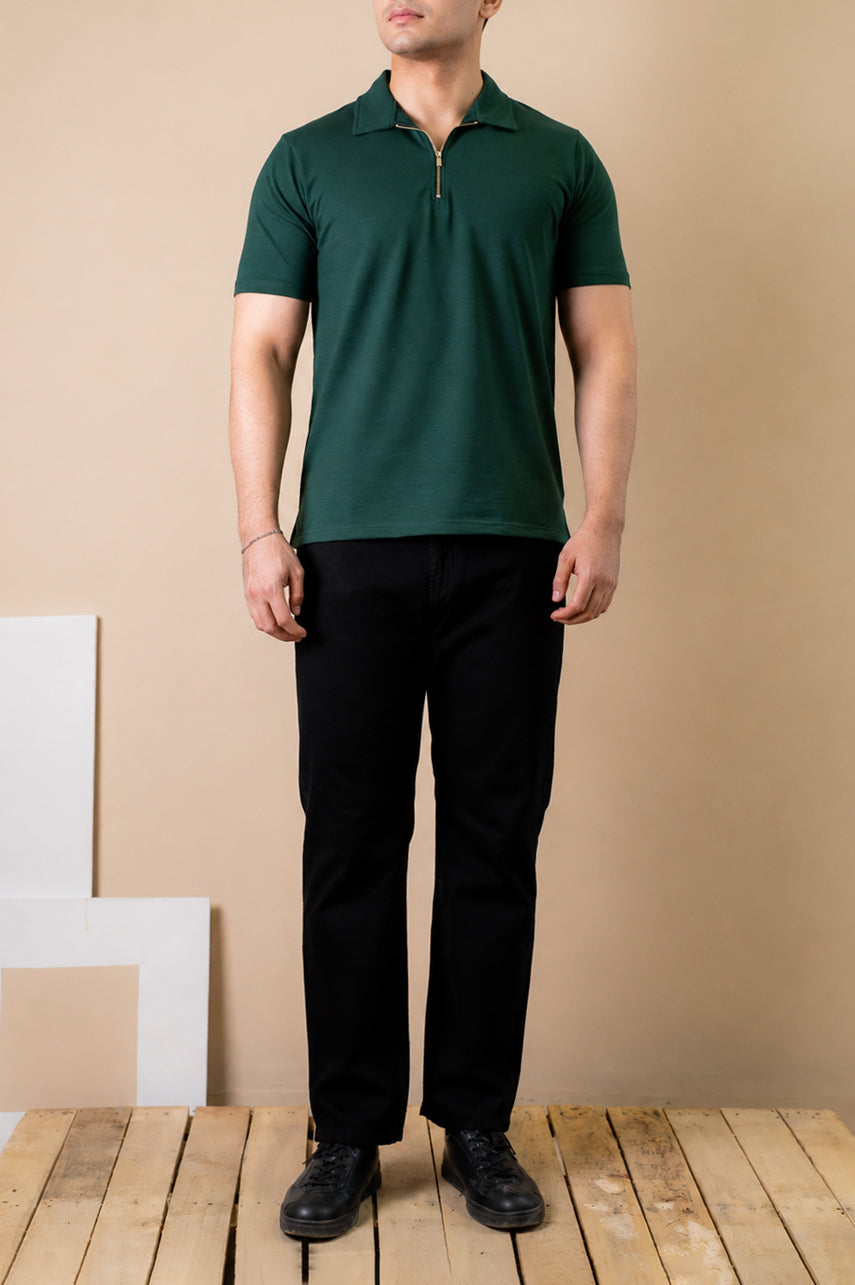 Forest Green Zip Polo – Popcorn Knit