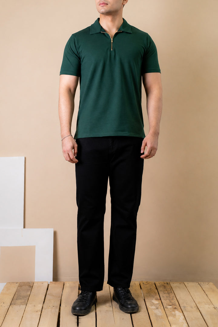 Forest Green Zip Polo – Popcorn Knit