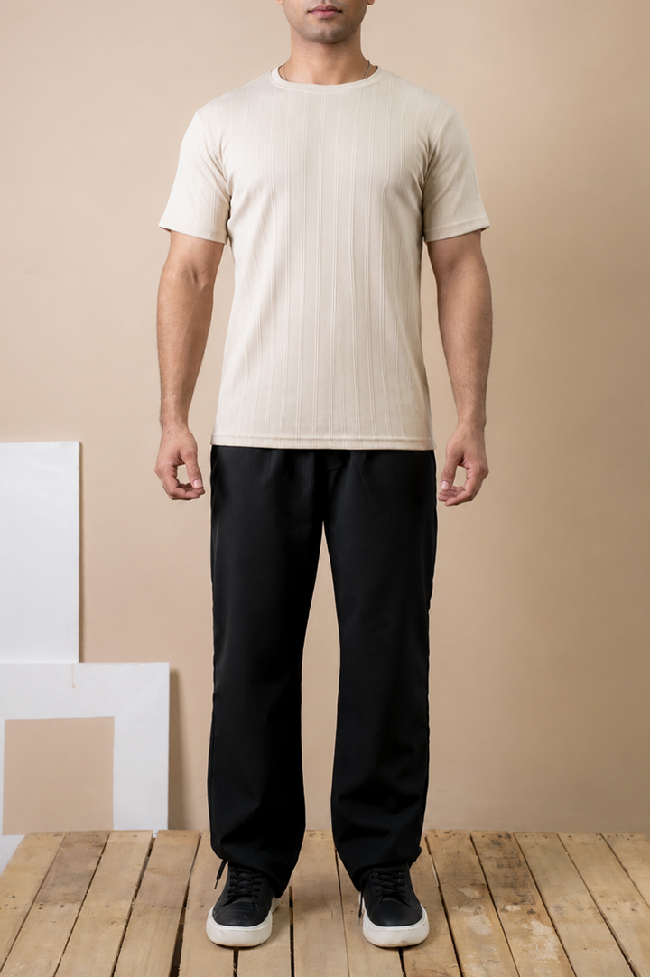 Sand Beige Ribbed Slim Fit Tee