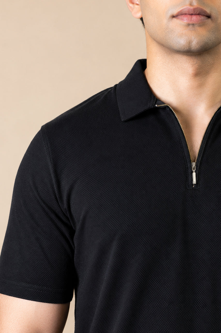 Jet Black Zip Polo – Popcorn Knit