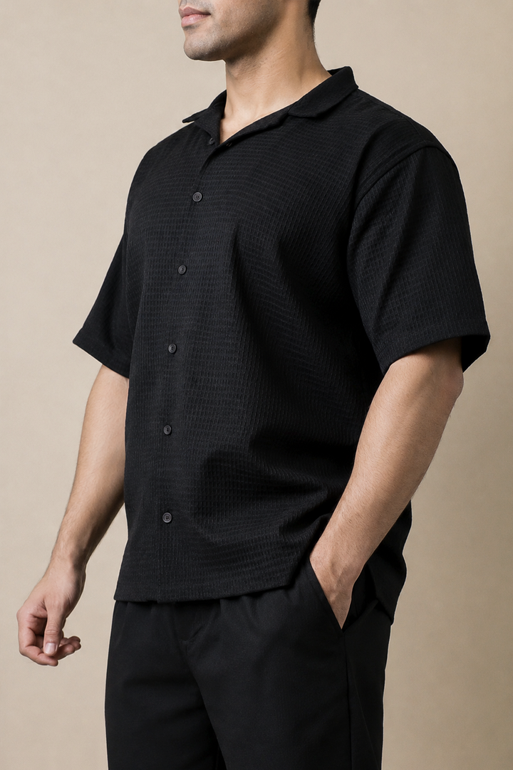 Black Textured Cuban Shirt