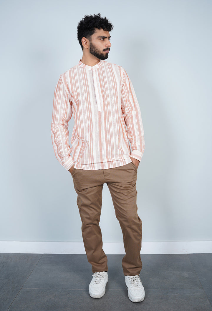 Rust & White Striped Kurta Shirt