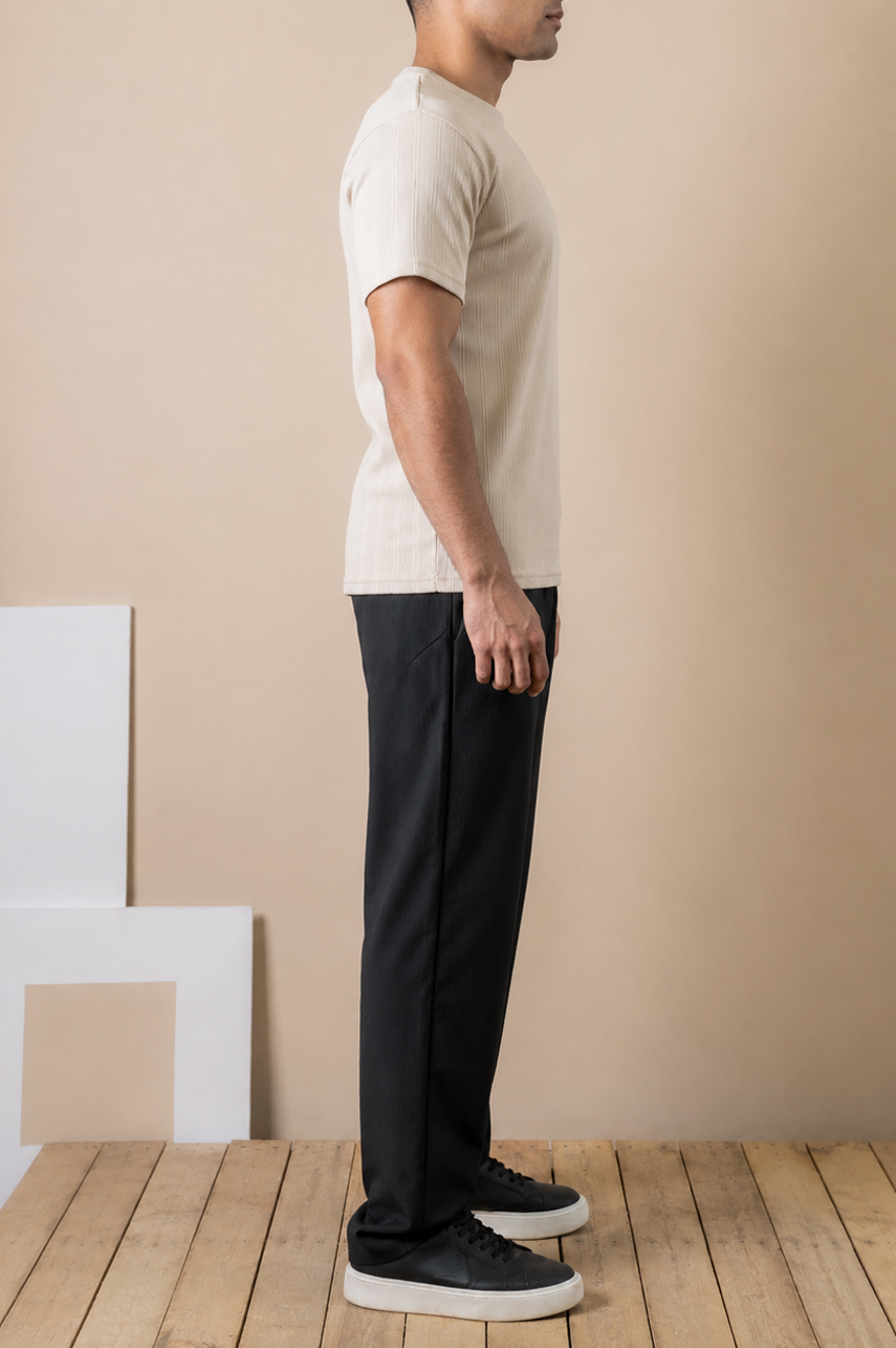 Sand Beige Ribbed Slim Fit Tee