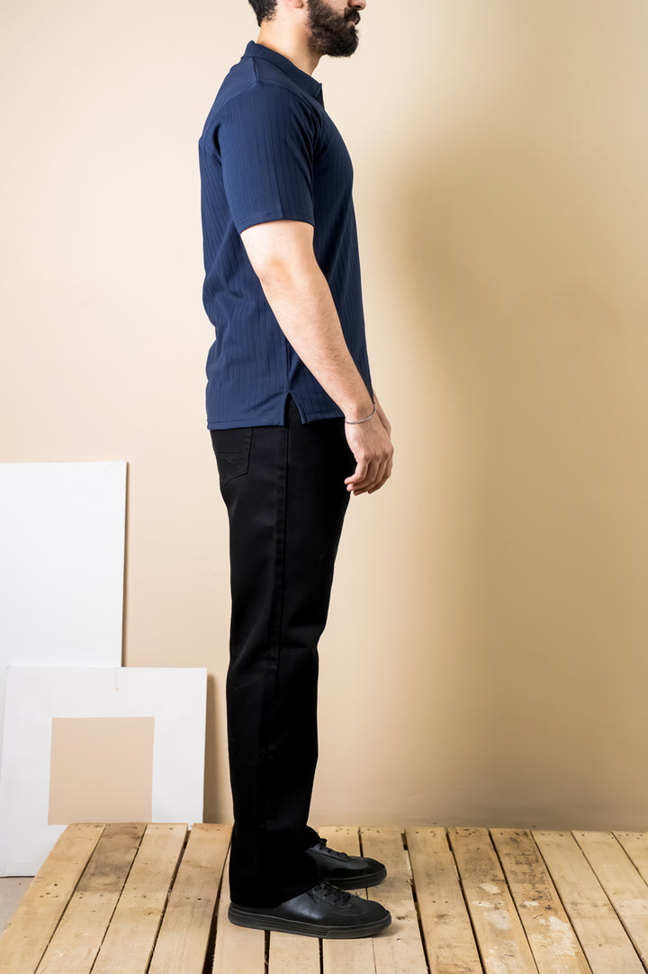 Midnight Navy Textured Zip Polo – Popcorn Knit