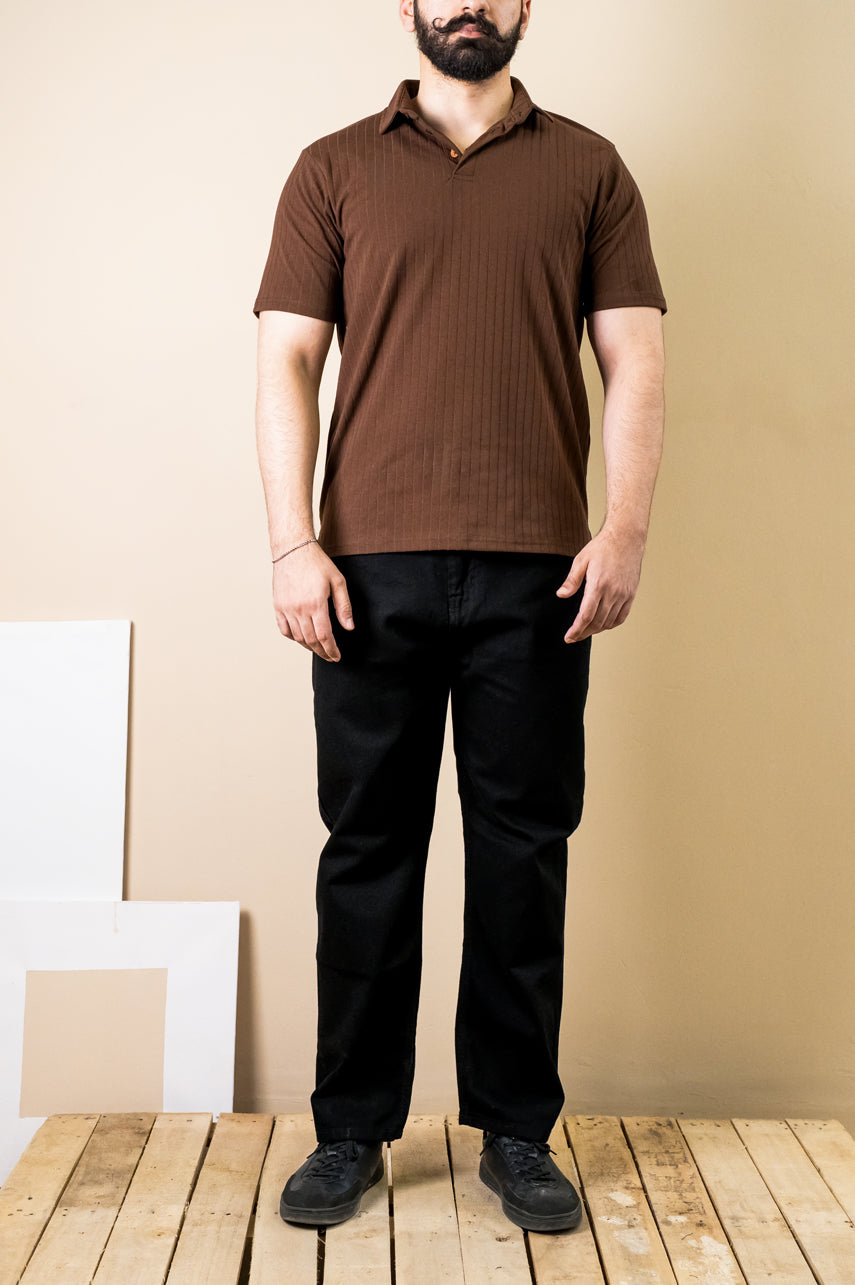 Cocoa Ribbed Polo – Popcorn Knit