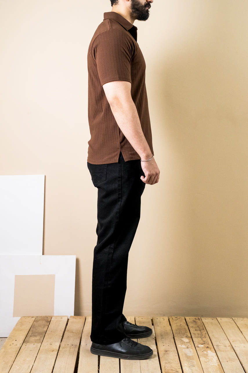 Cocoa Ribbed Polo – Popcorn Knit