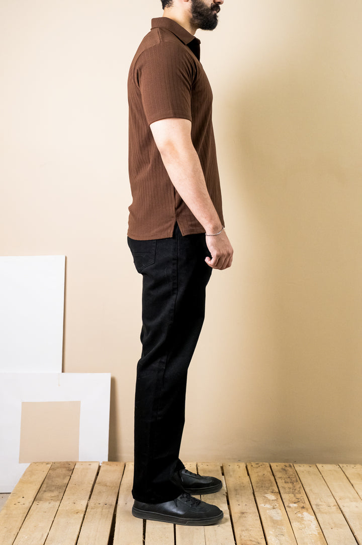 Cocoa Ribbed Polo – Popcorn Knit