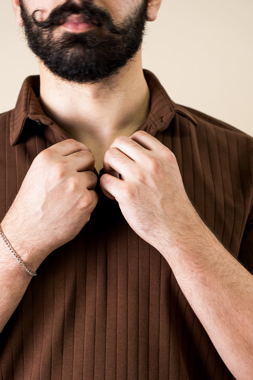 Cocoa Ribbed Polo – Popcorn Knit